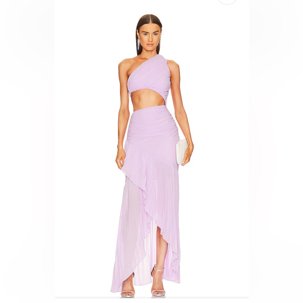 Michael Costello Britney Gown Lilac Pleat Cut Out Maxi Dress Revolve $268 Sz L